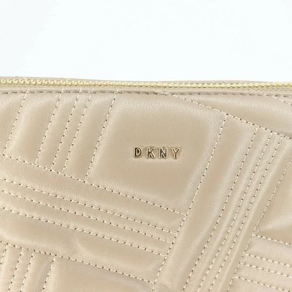 DKNY Allen Small Bucket Crossbody Bag Taupe Quilted Leather Gold Chain MSRP $198 - Picture 4 of 11